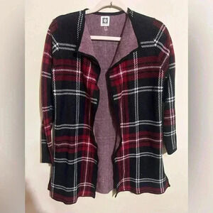 Anne Klein Black Red White Plaid Long Cardigan Sweater Women's Small Holidays
